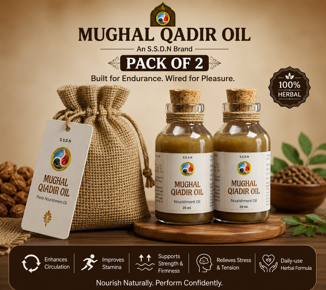 Mughal Qadir Oil Pack of 2 | Premium Ayurvedic Herbal Massage Oil for Men's Wellness | 20 ml x 2 Bottles